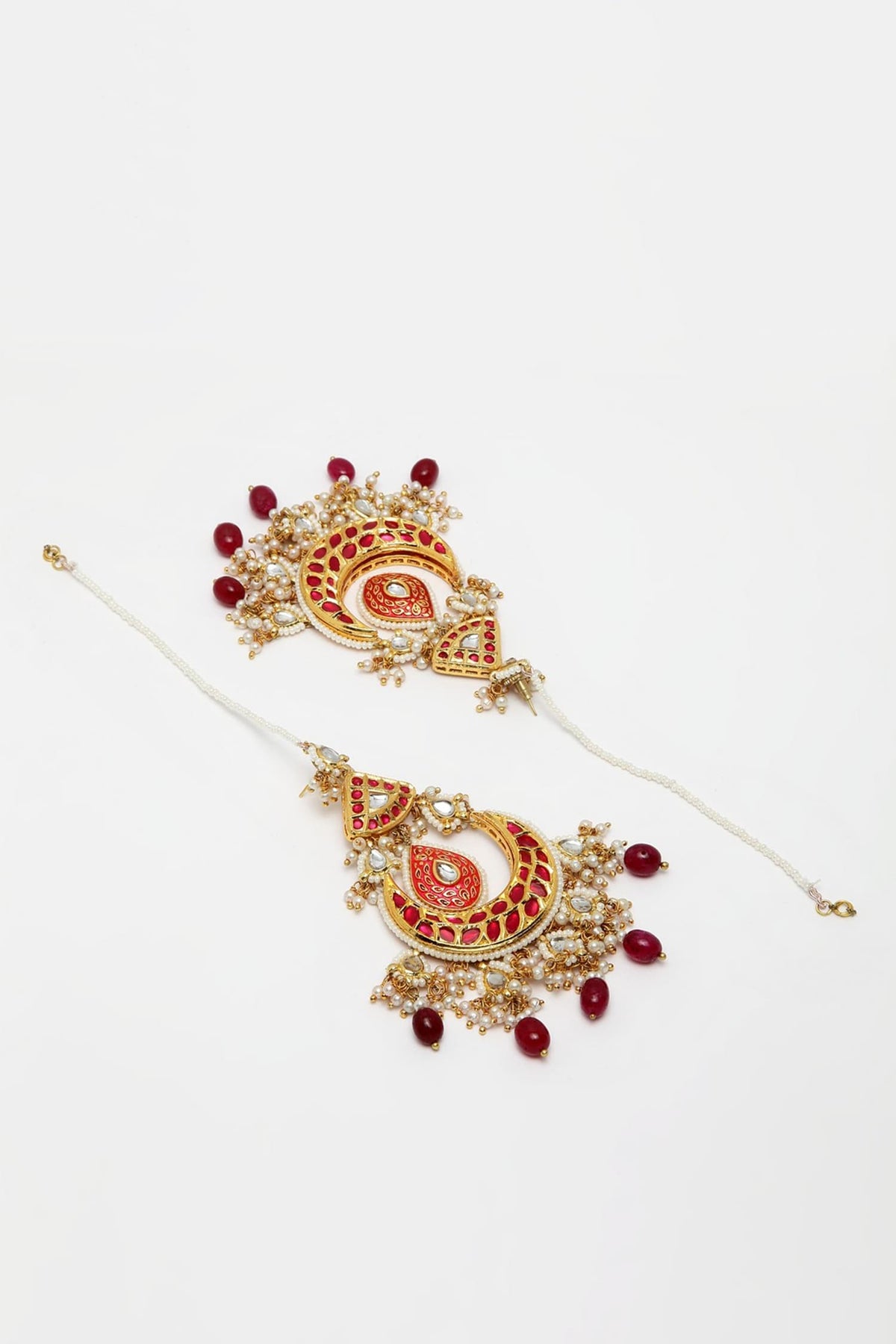 Kundan & Pearls Crescent Chandbalis With Ear Chain 