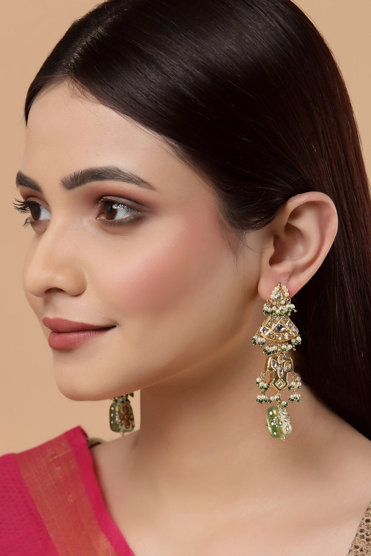 Kundan, Faux Emerald & Pearl Dangler Earrings 