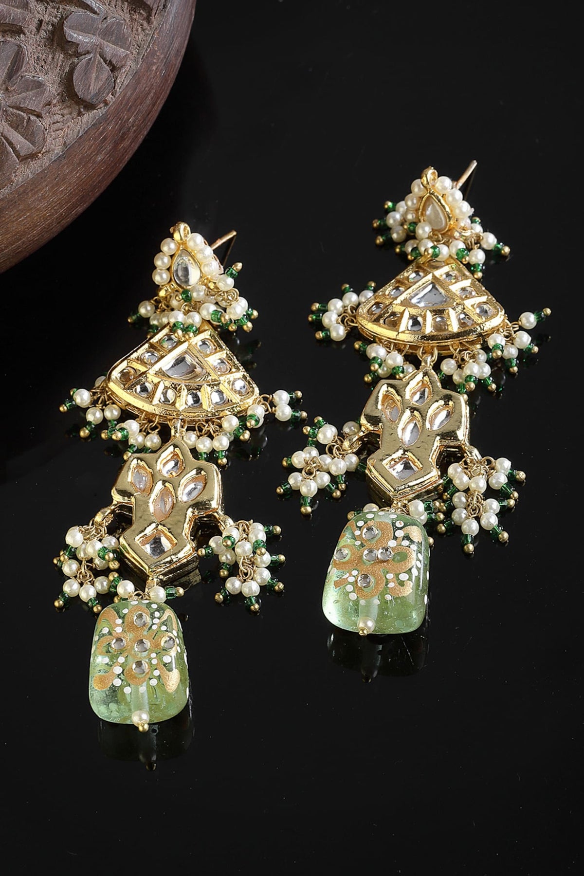 Kundan, Faux Emerald & Pearl Dangler Earrings 