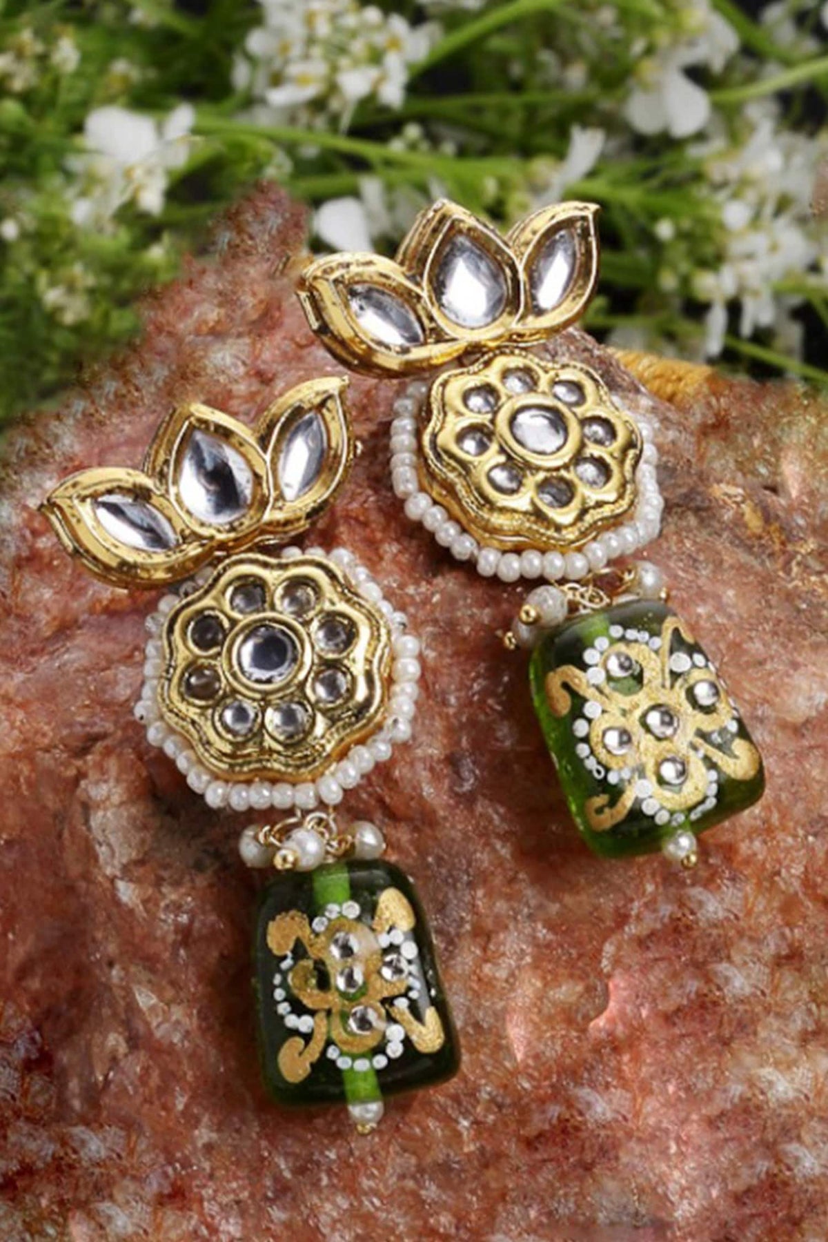 Kundan Floral Motif Drop Earrings 