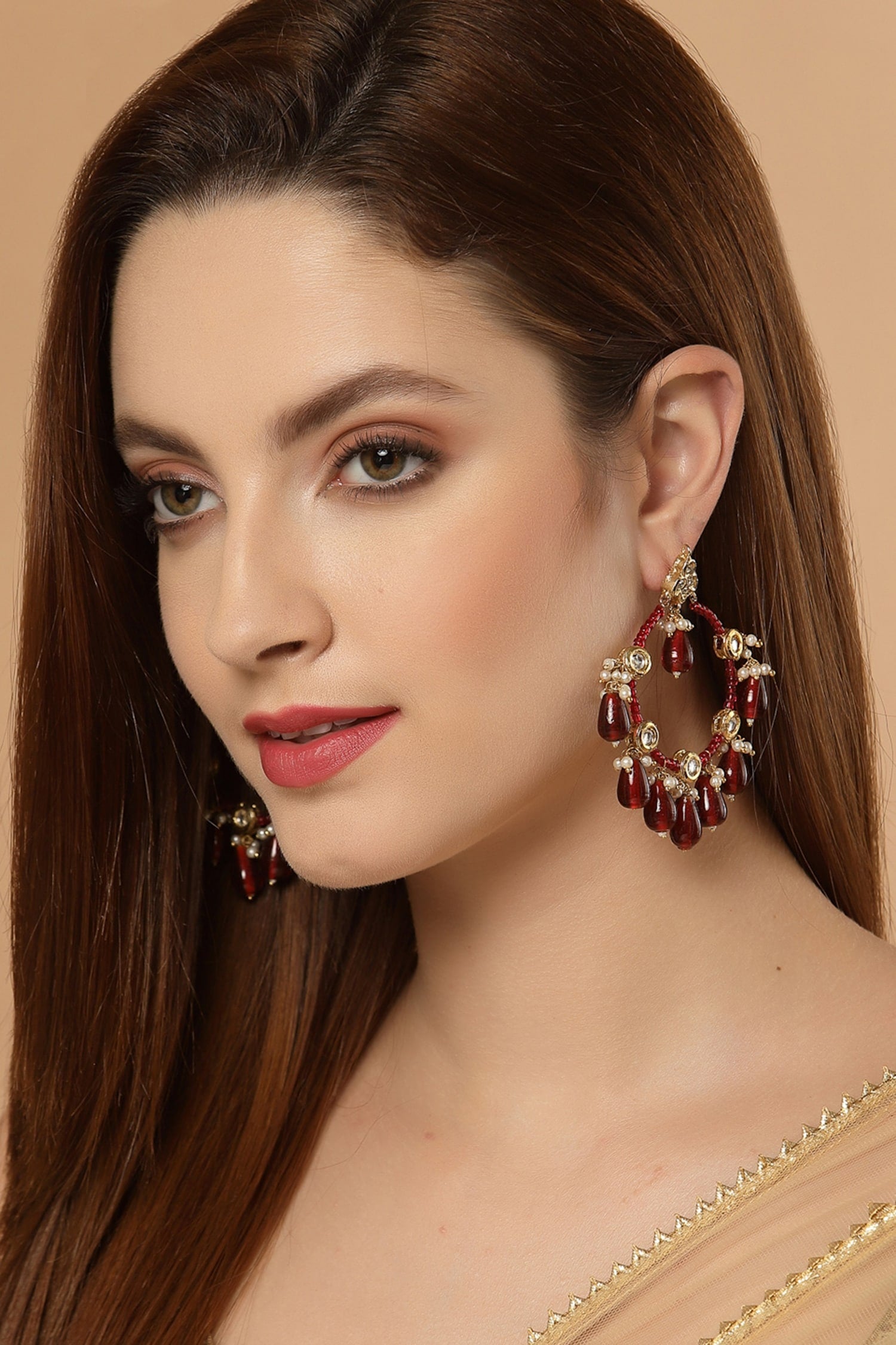 Kundan, Pearl & Ruby Stone Hoop Earrings 