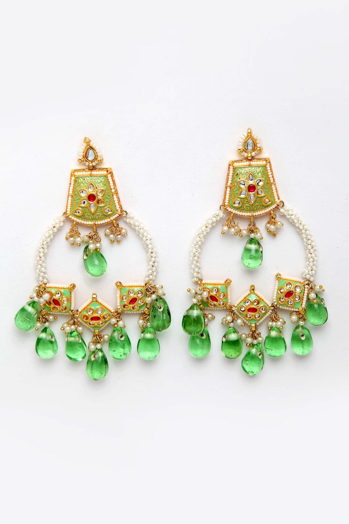 Kundan, Pearl & Natural Stone Chandelier Earrings 