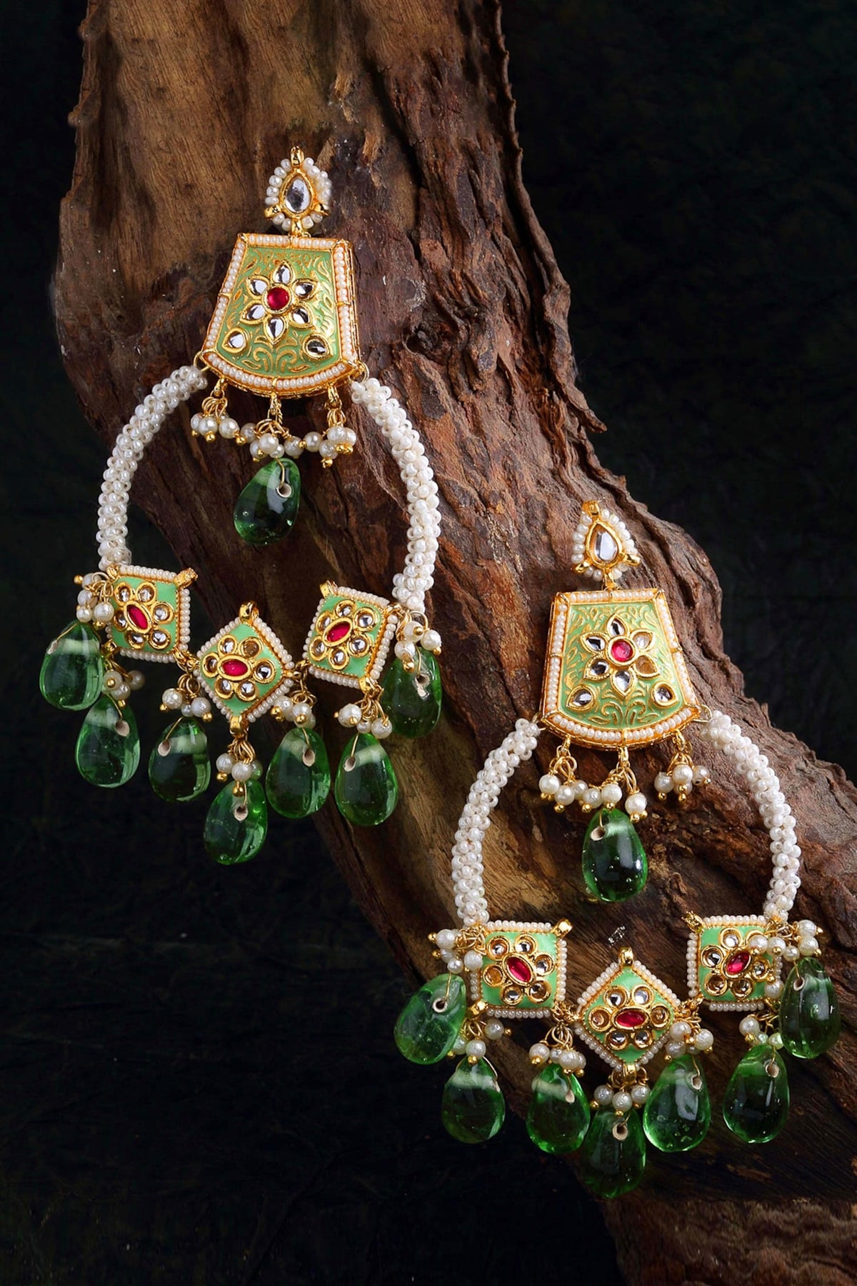 Kundan, Pearl & Natural Stone Chandelier Earrings 