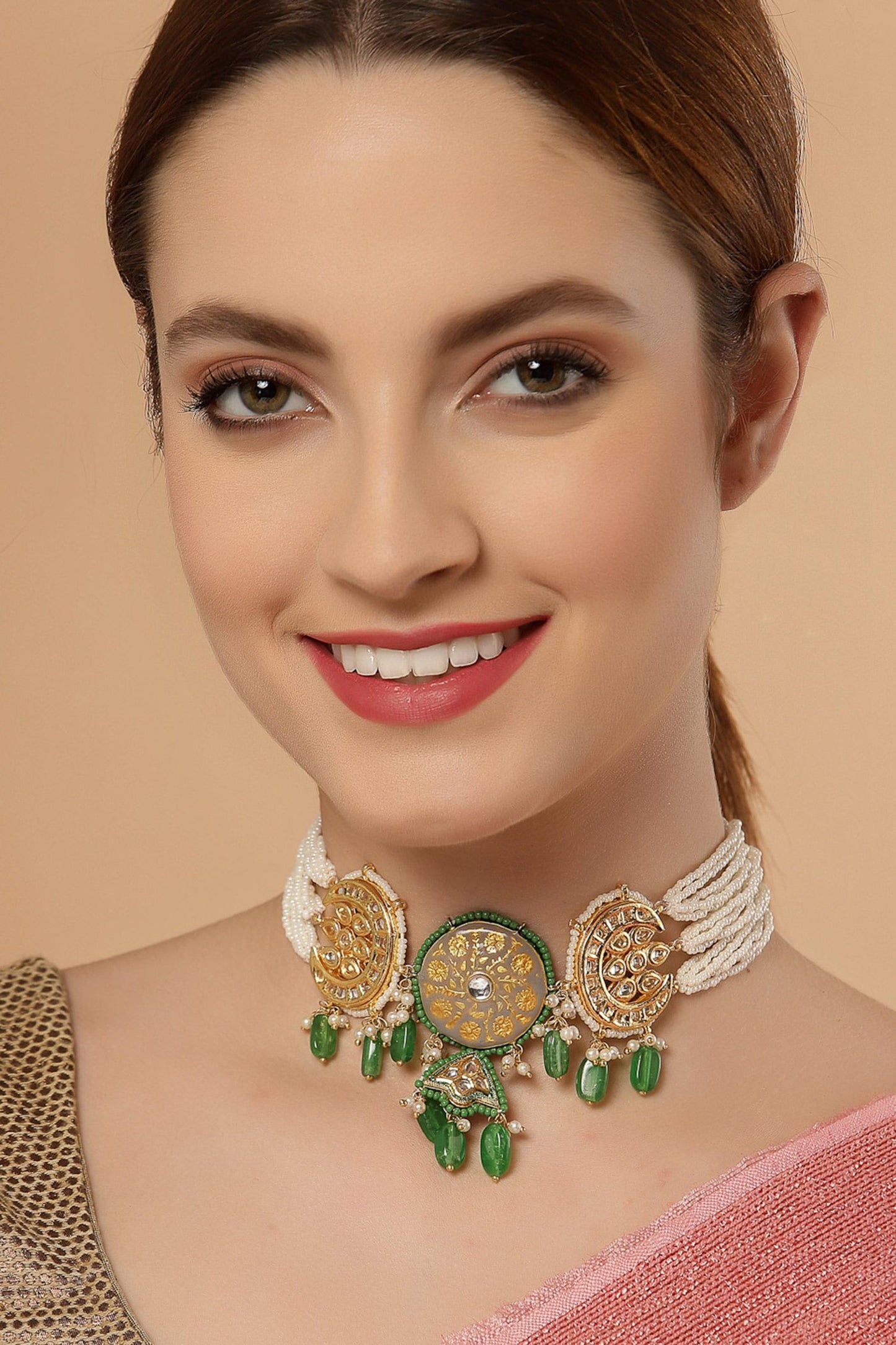 Meenakari Kundan Pearl & Faux Emerald Choker 