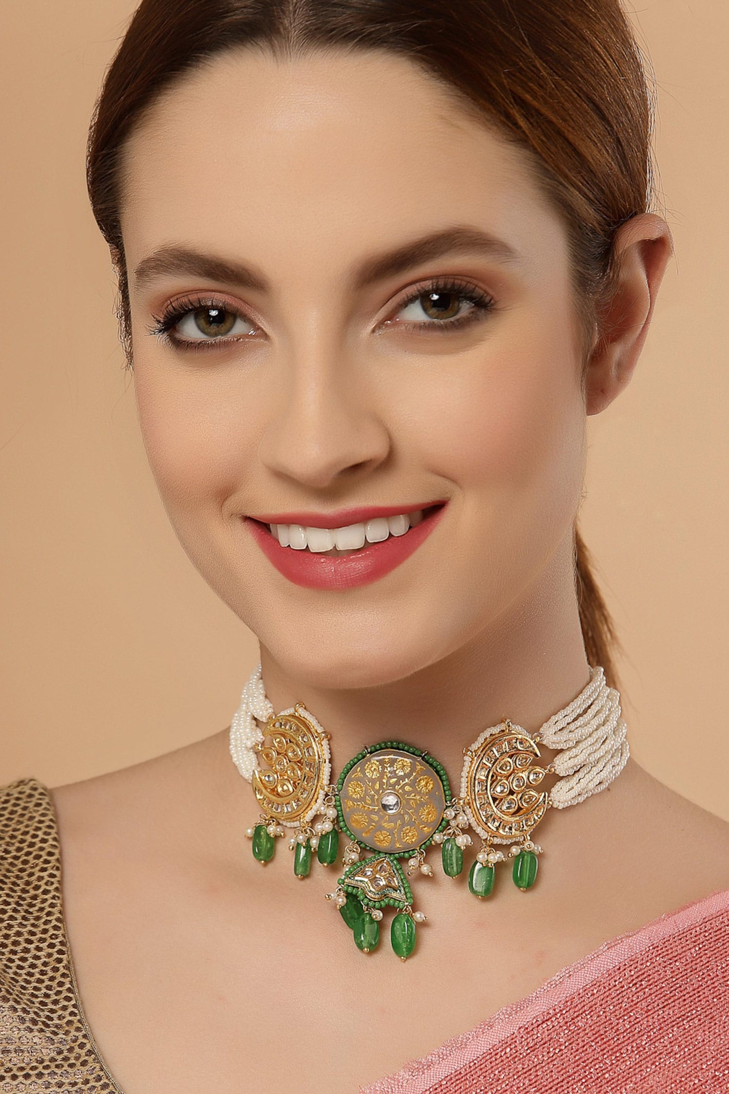 Meenakari Kundan Pearl & Faux Emerald Choker 