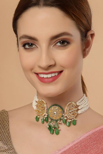 Meenakari Kundan Pearl & Faux Emerald Choker 
