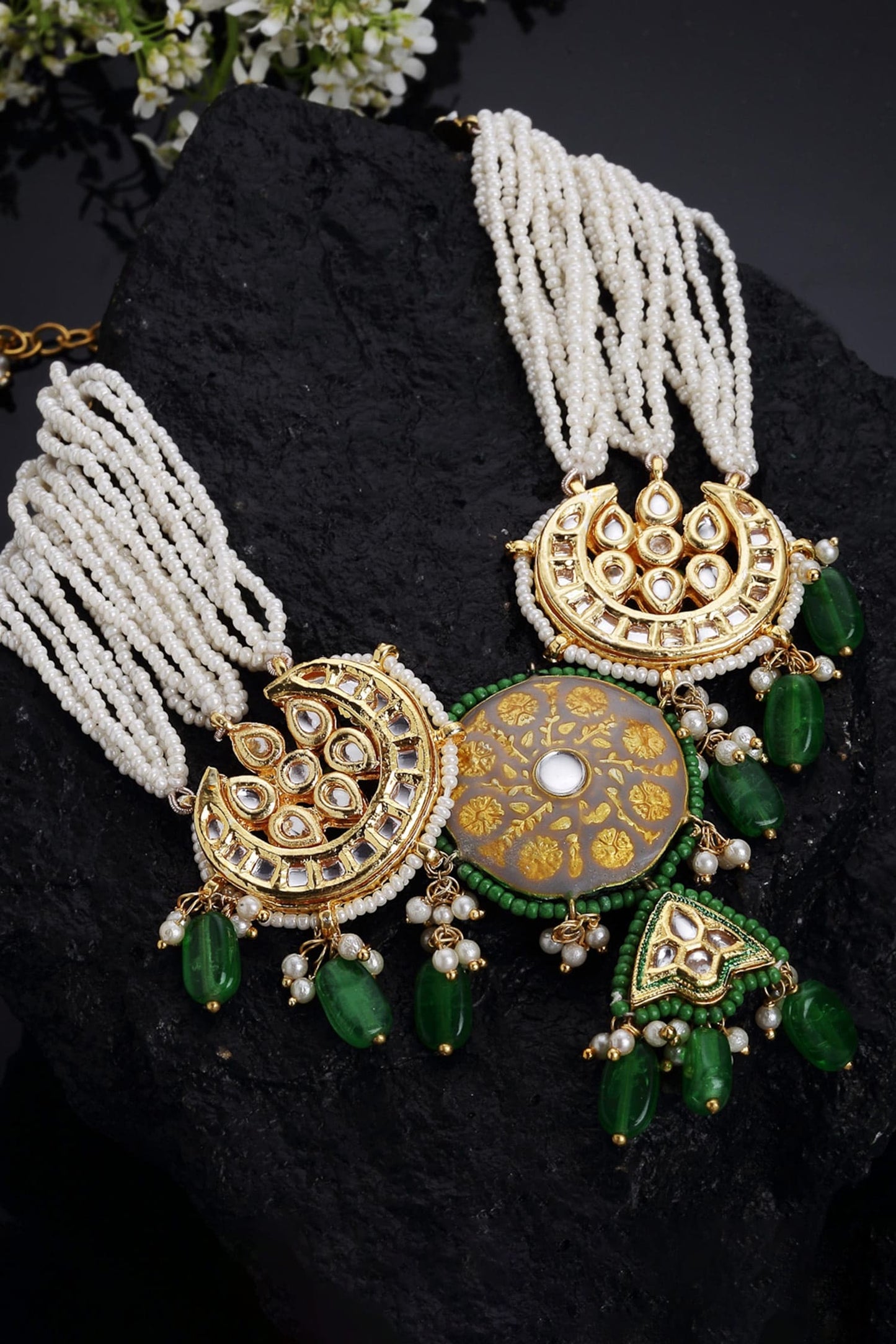 Meenakari Kundan Pearl & Faux Emerald Choker 