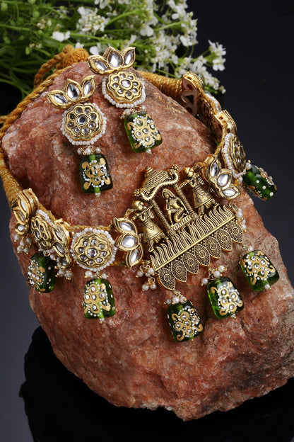 Kundan, Pearl & Faux Emerald Necklace Set 