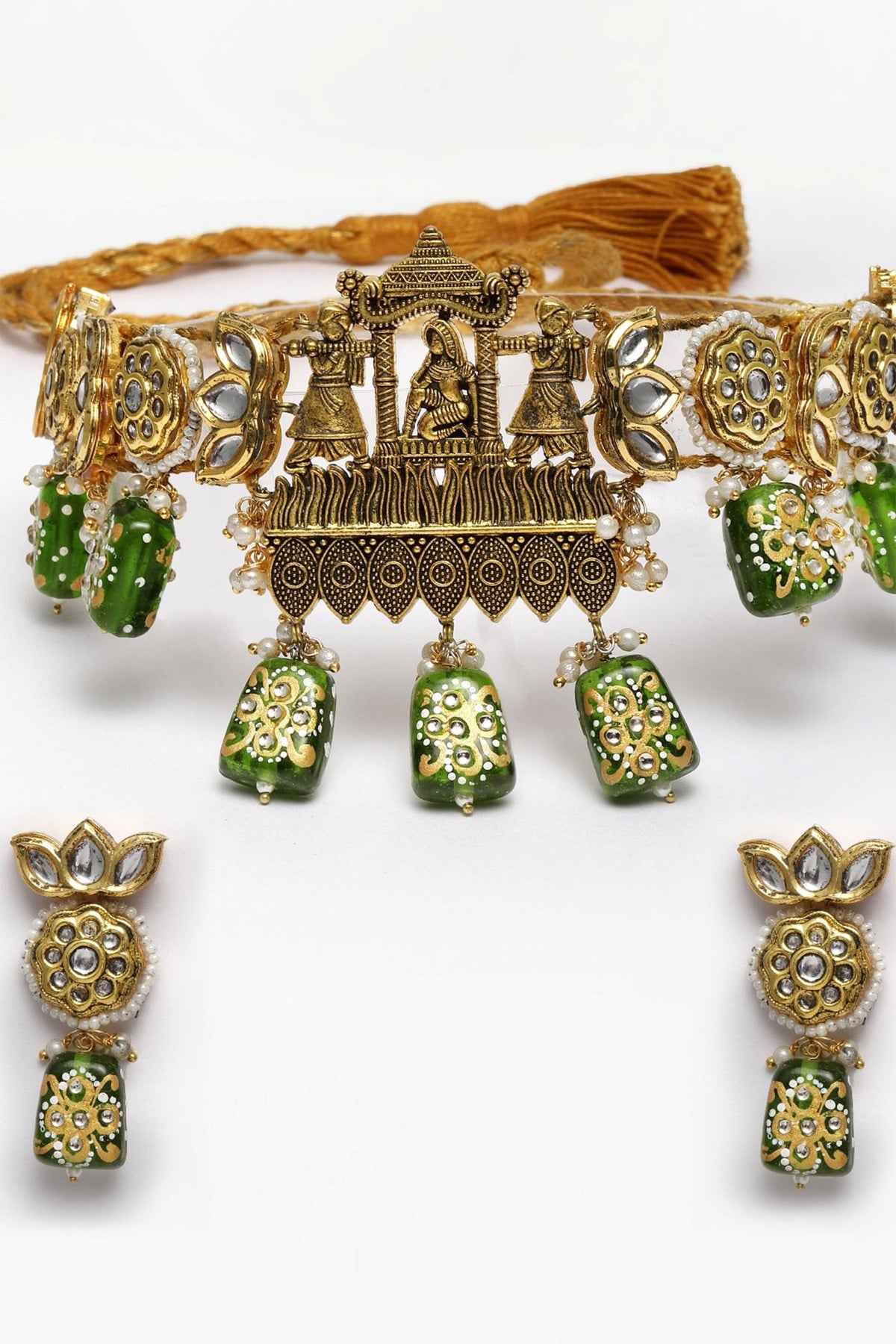 Kundan, Pearl & Faux Emerald Necklace Set 