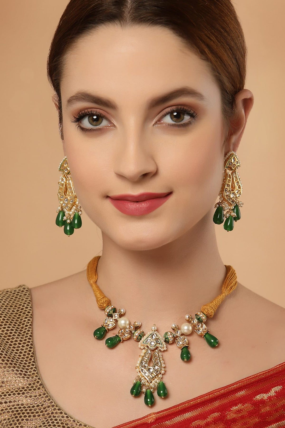 Kundan, Pearl & Faux Emerald Necklace Set 