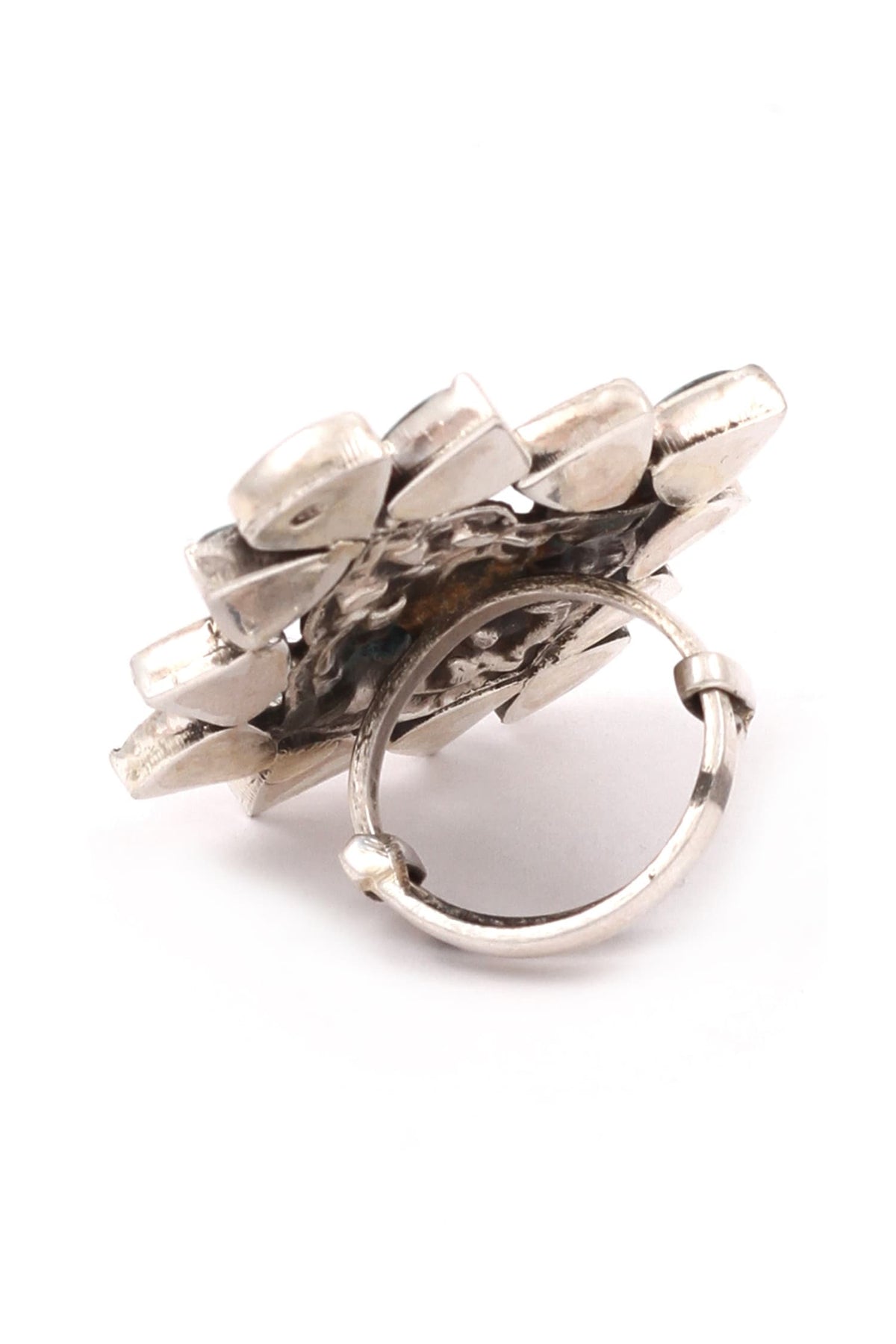 Floral Carved Silver Stone Ring 