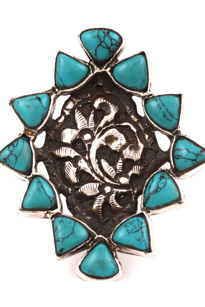 Floral Carved Silver Stone Ring 