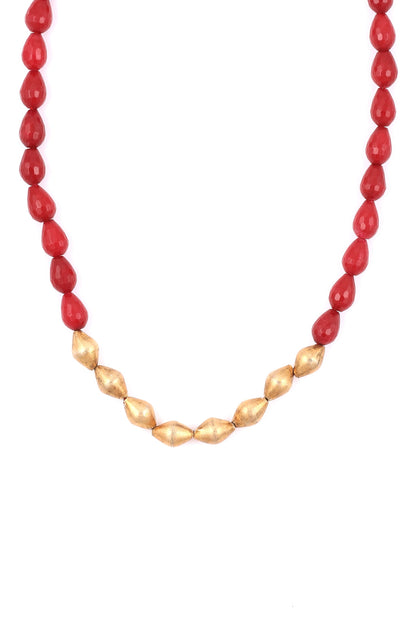 Gold & Red Beaded Long Necklace 