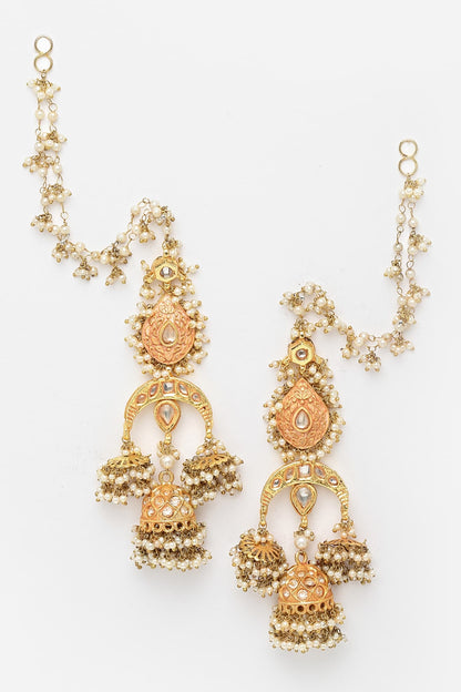Gold Plated Meenakari Jhumkis with Pearl Drops 