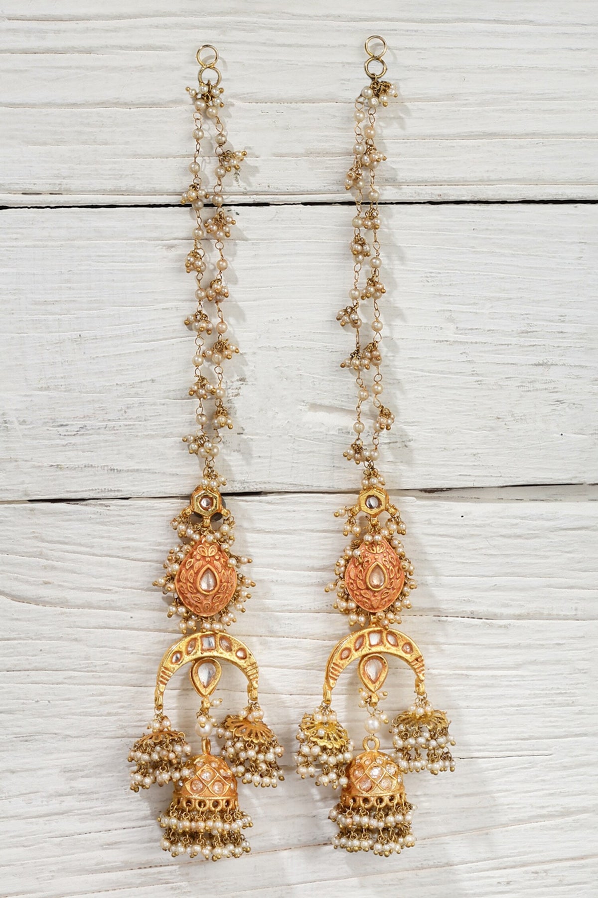Gold Plated Meenakari Jhumkis with Pearl Drops 