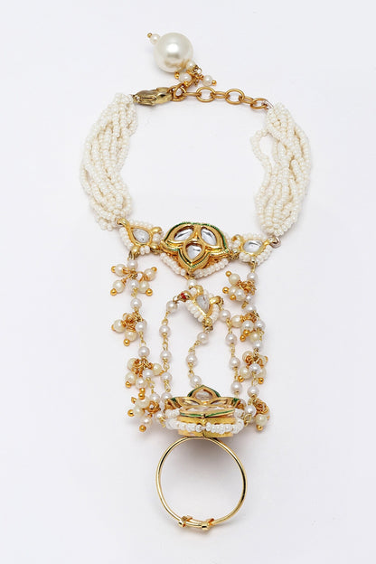 Gold Plated Pearl Kundan Hathphool 