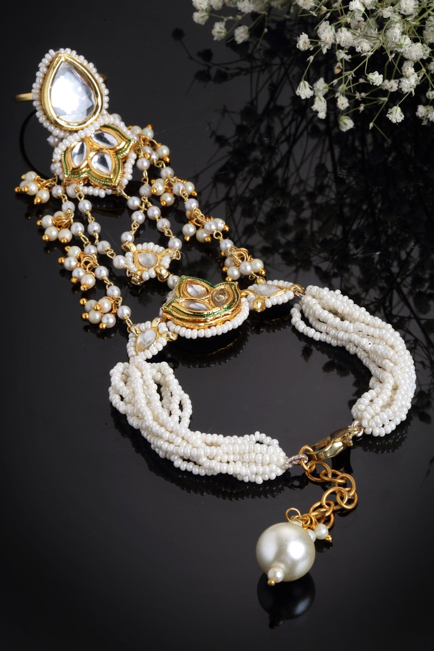 Gold Plated Pearl Kundan Hathphool 