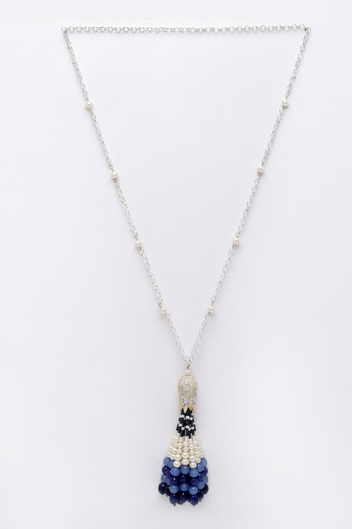 Silver Pearl & Natural Stone Tassel Necklace 