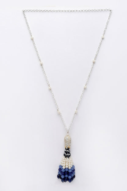 Silver Pearl & Natural Stone Tassel Necklace 