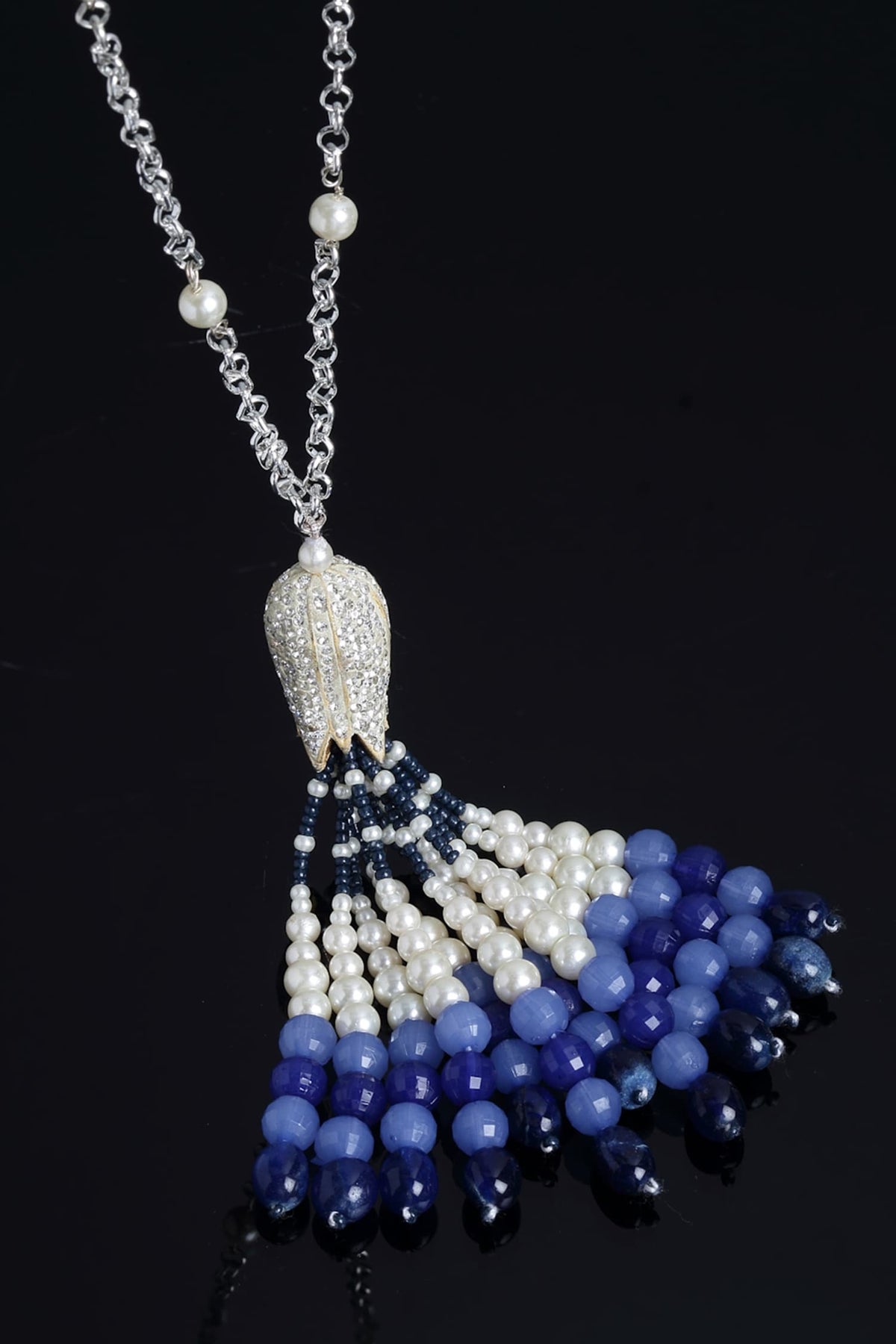 Silver Pearl & Natural Stone Tassel Necklace 