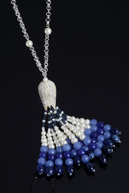 Silver Pearl & Natural Stone Tassel Necklace 