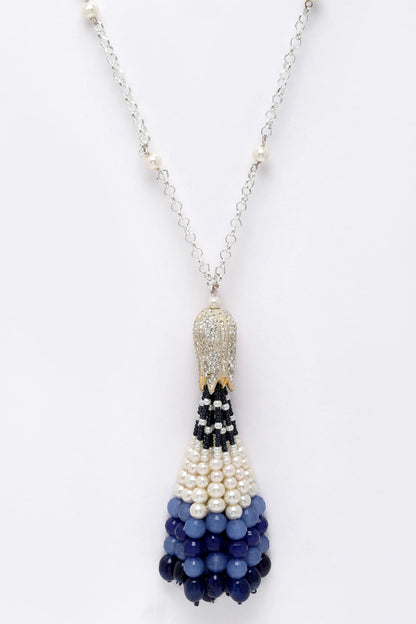 Silver Pearl & Natural Stone Tassel Necklace 