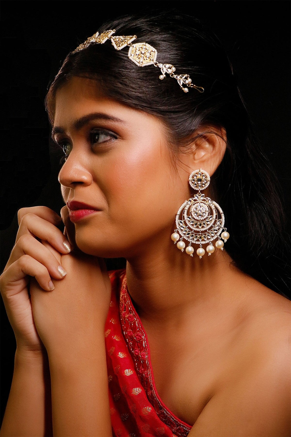 Gold & White Kundan Chandbalis Set 
