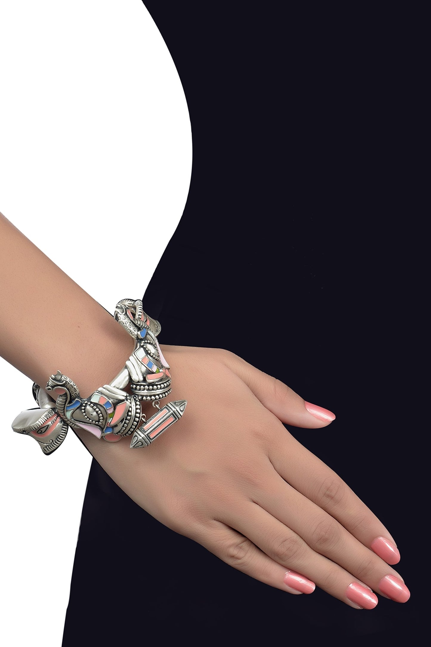 Oxidized Silver Elephant Hand Cuff 