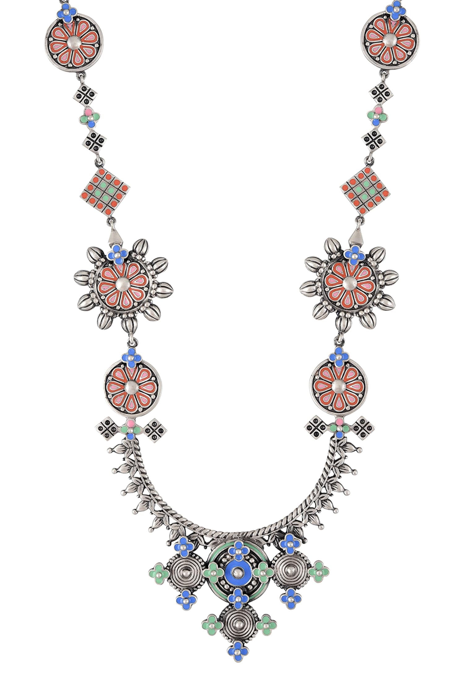 Oxidized Silver Enamel Long Necklace 
