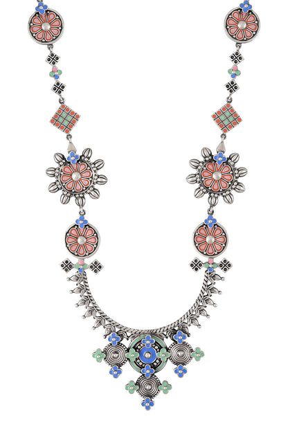 Oxidized Silver Enamel Long Necklace 