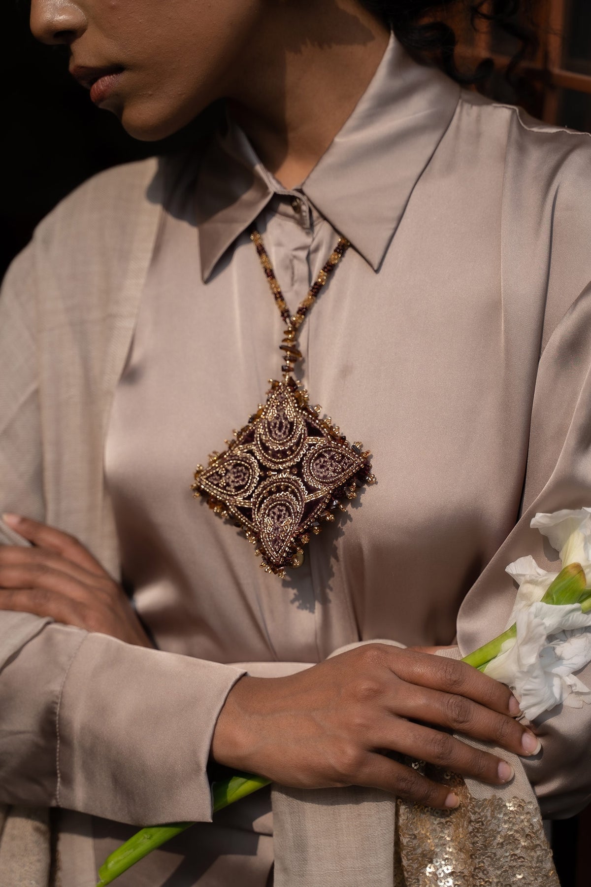 Maroon Gold Dabka Pendant Necklace 