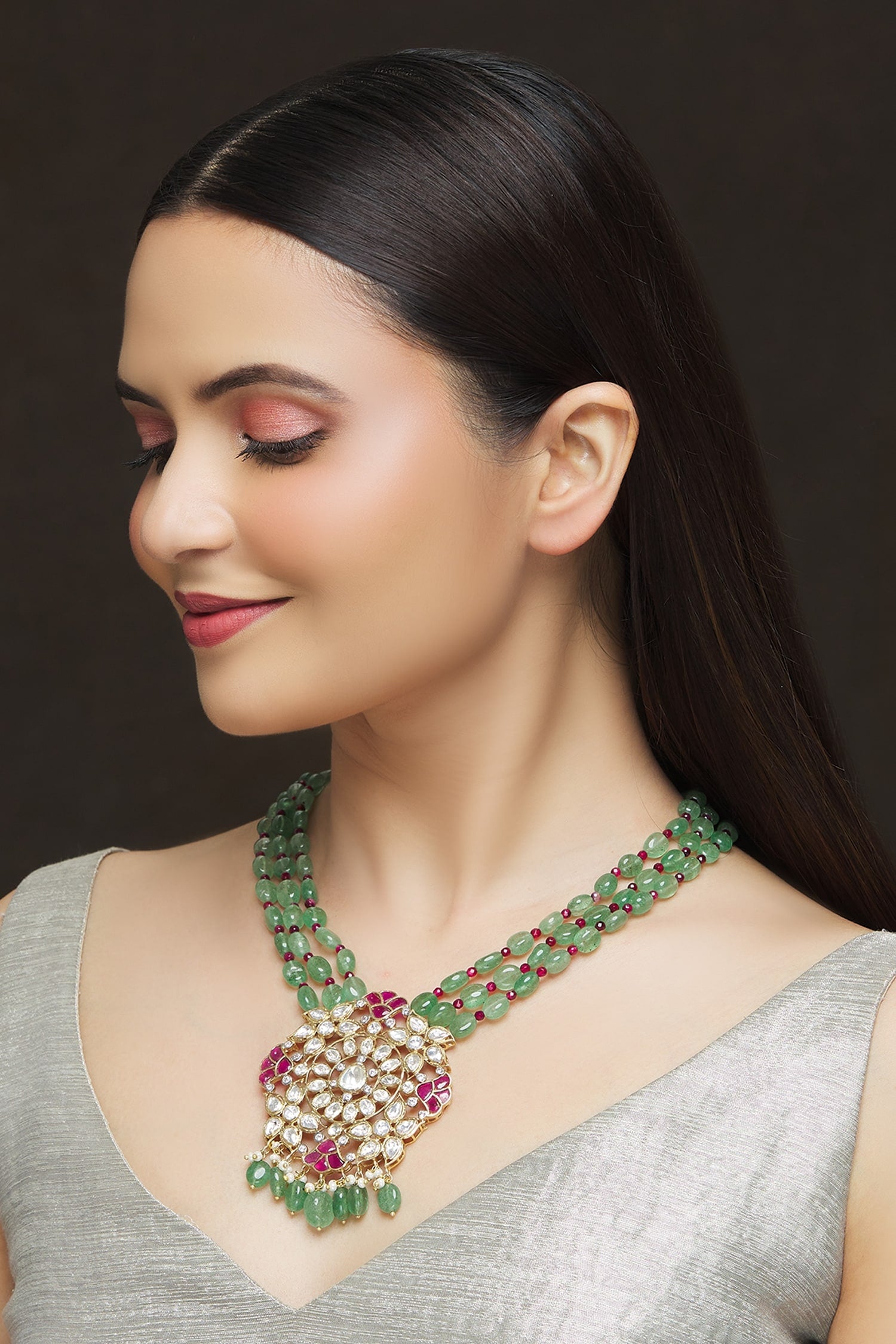 Ruby Embellished Pendant Layered Necklace 