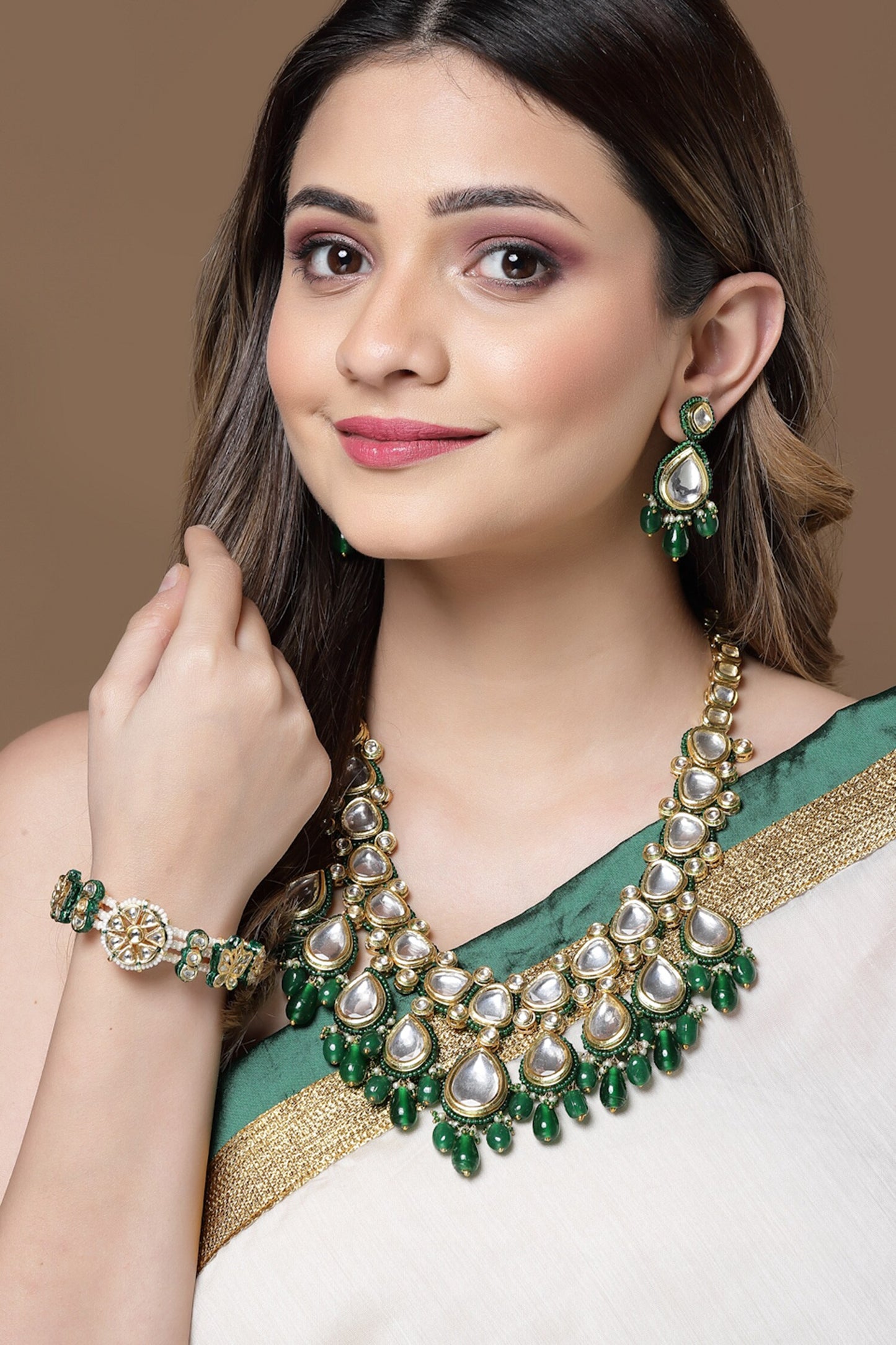Kundan & Faux Emerald Embellished Bracelet 