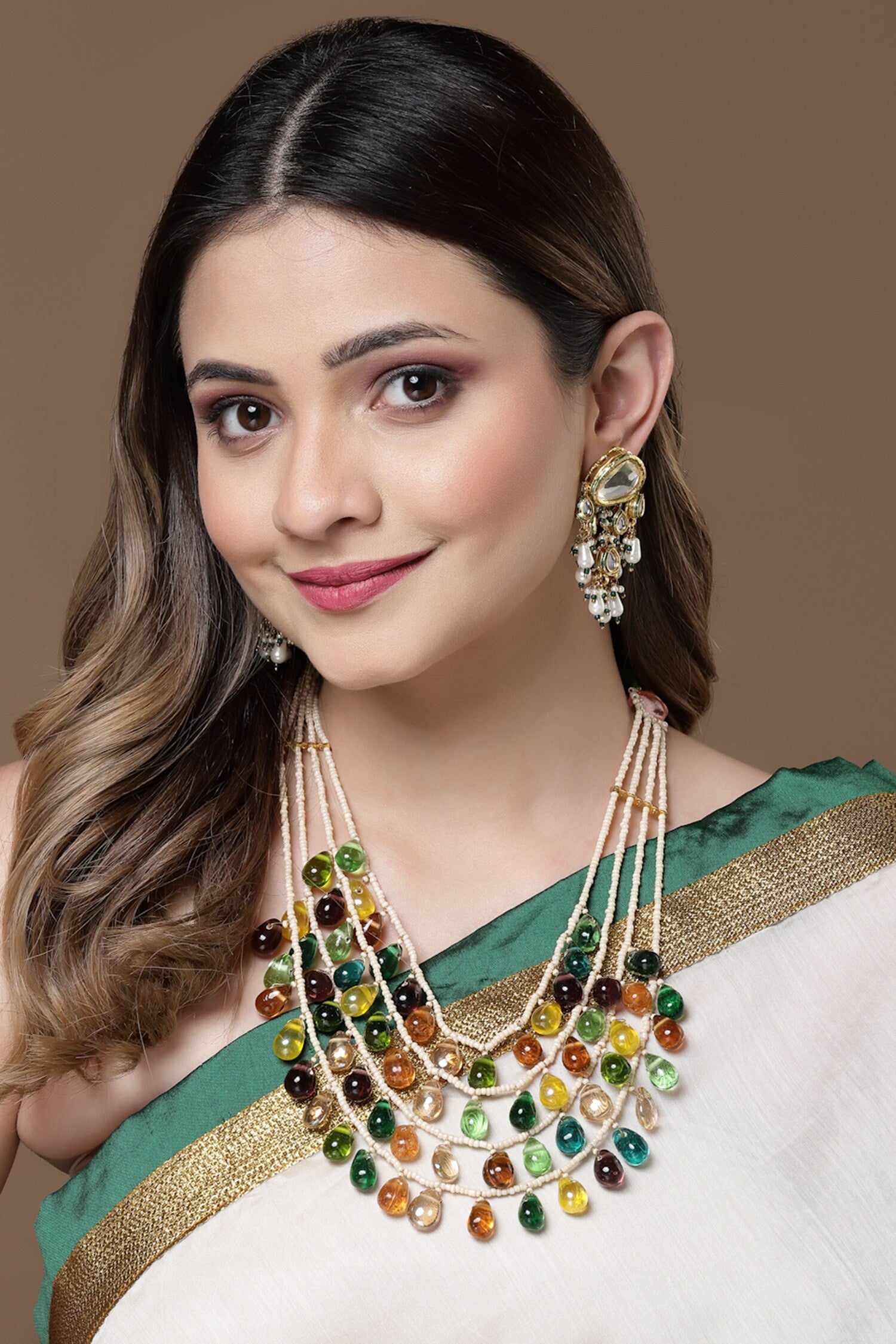 Natural Stone & Kundan Embellished Layered Necklace 