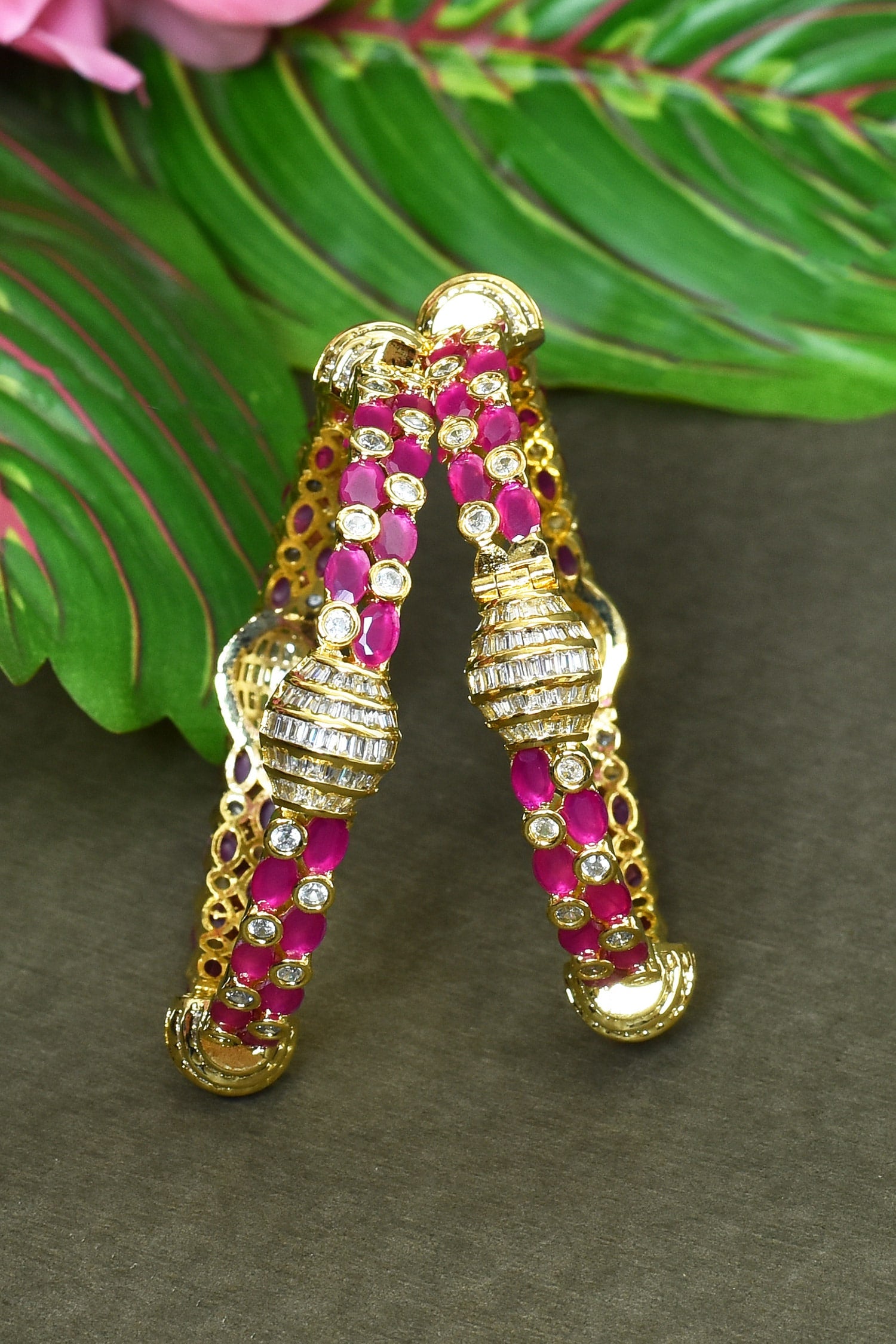 Ruby Stones & Onyx Embellished Bangles - Set of 2 