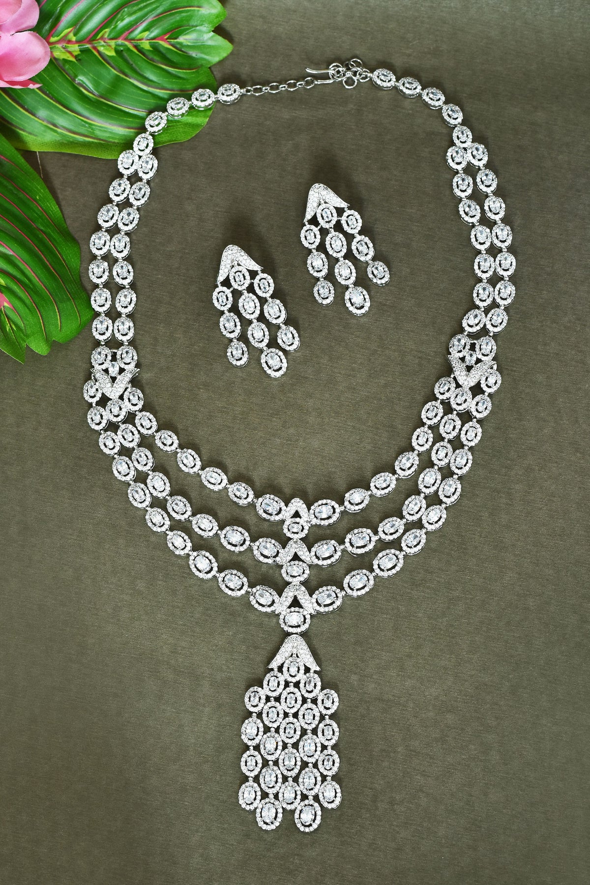 Zircon Diamonds Studded Long Necklace Set 