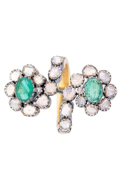 Adella Emerald Two Flower Uncut Diamond Ring 