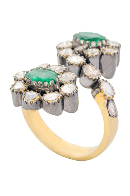 Adella Emerald Two Flower Uncut Diamond Ring 