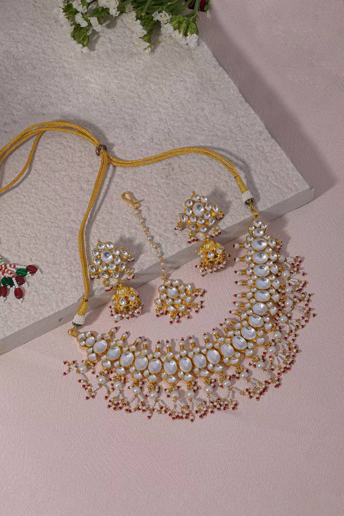 Kundan & Pearl Drop Embellished Necklace Set 