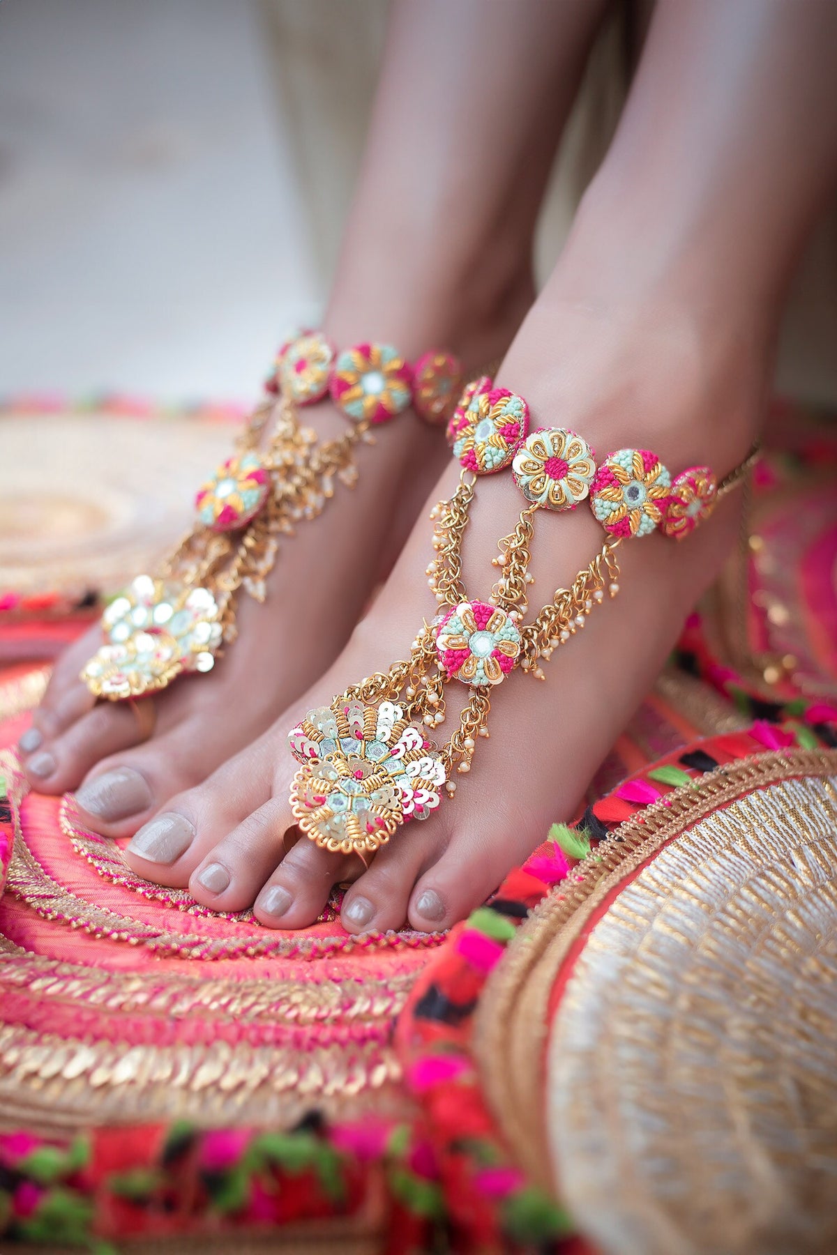 Thread Embroidered Anklet - Set of 2 