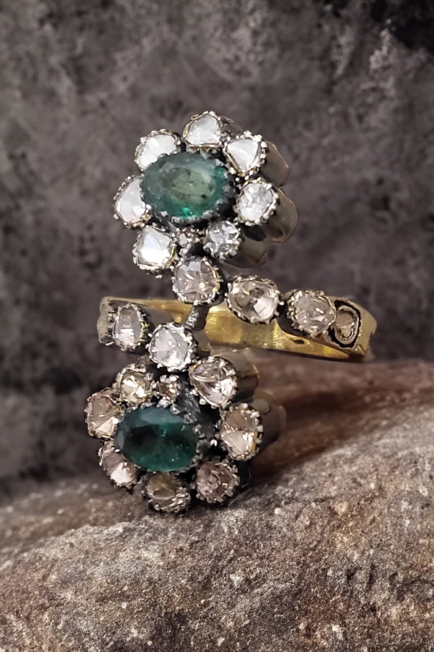 Adella Emerald Two Flower Uncut Diamond Ring 