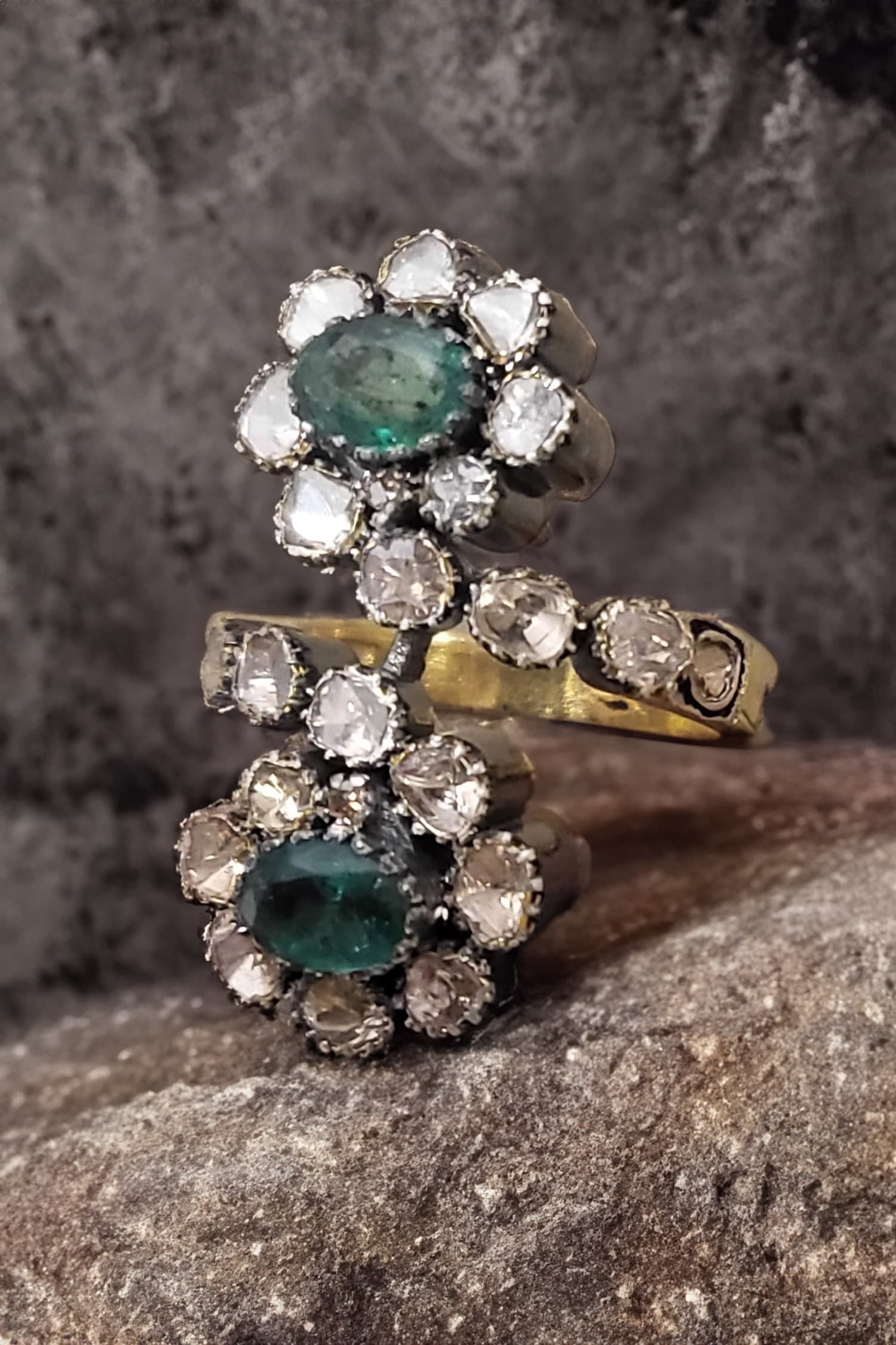 Adella Emerald Two Flower Uncut Diamond Ring 