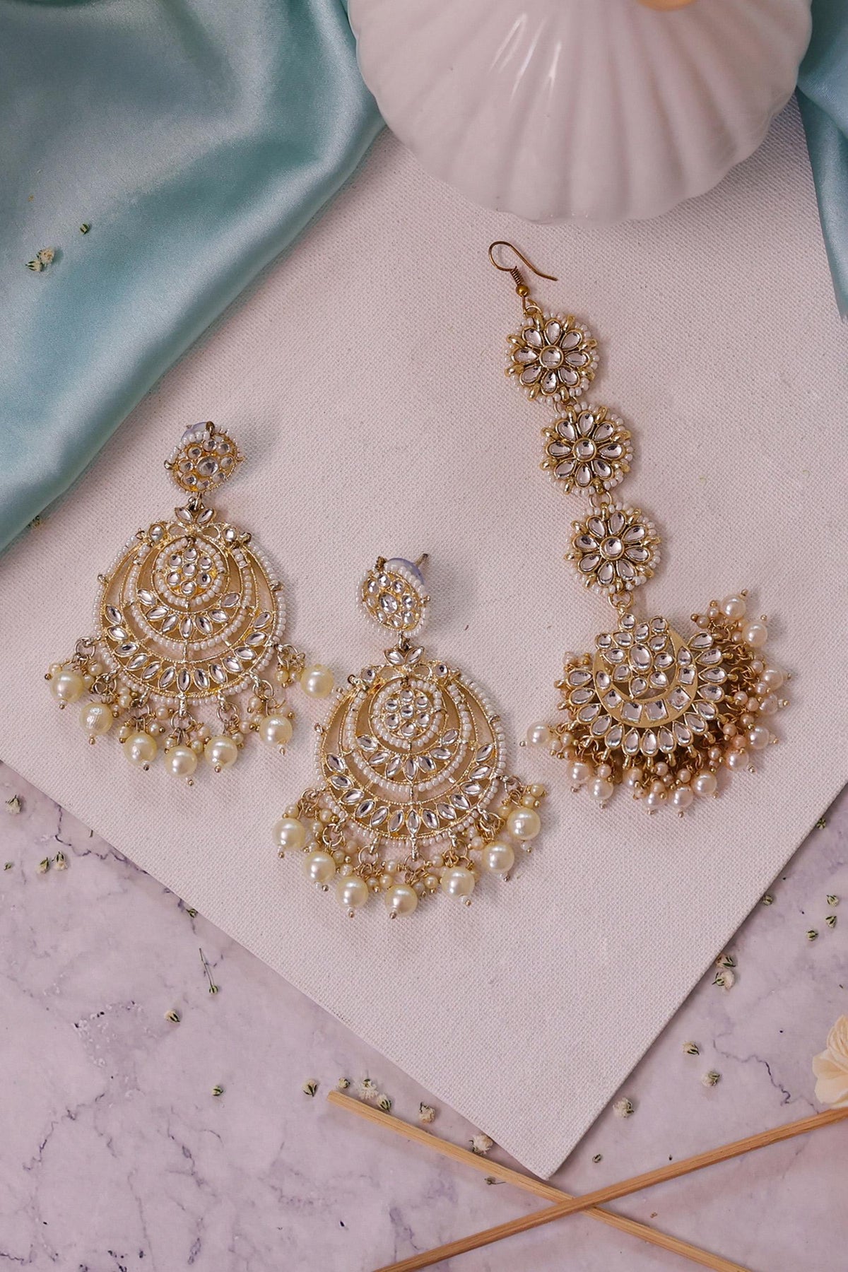 Pearl Drop Chandbalis With Maangtikka 
