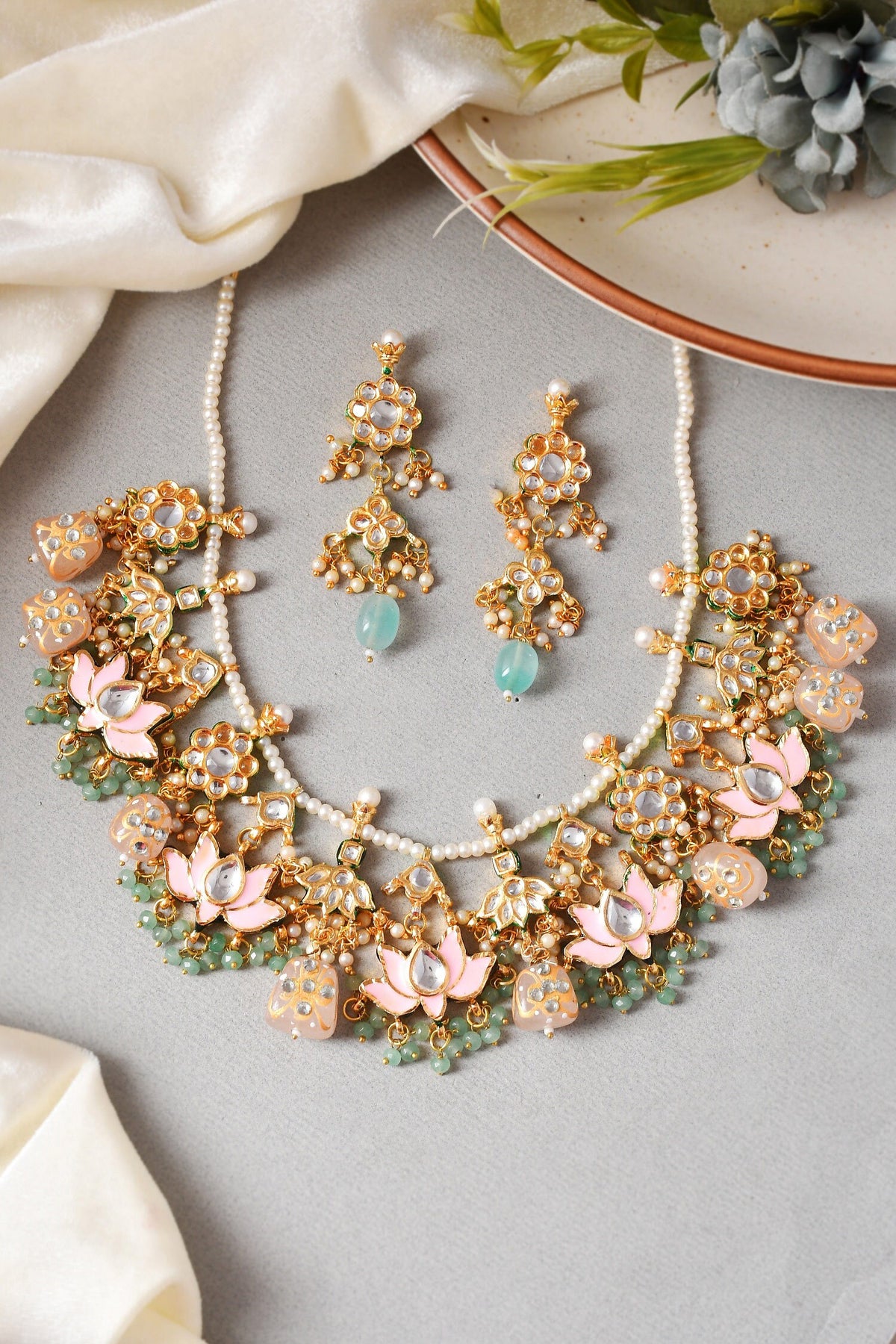 Lotus Kundan Embellished Necklace Set 