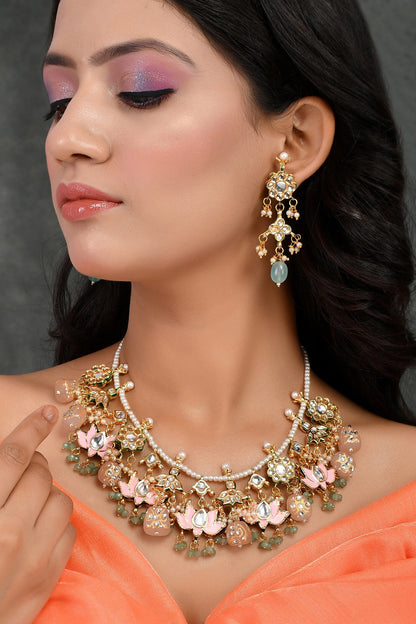 Lotus Kundan Embellished Necklace Set 
