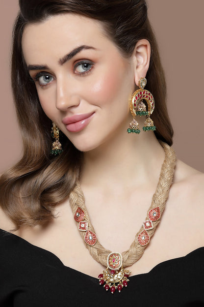 Carved Kundan & Pearl Embellished Necklace Set 