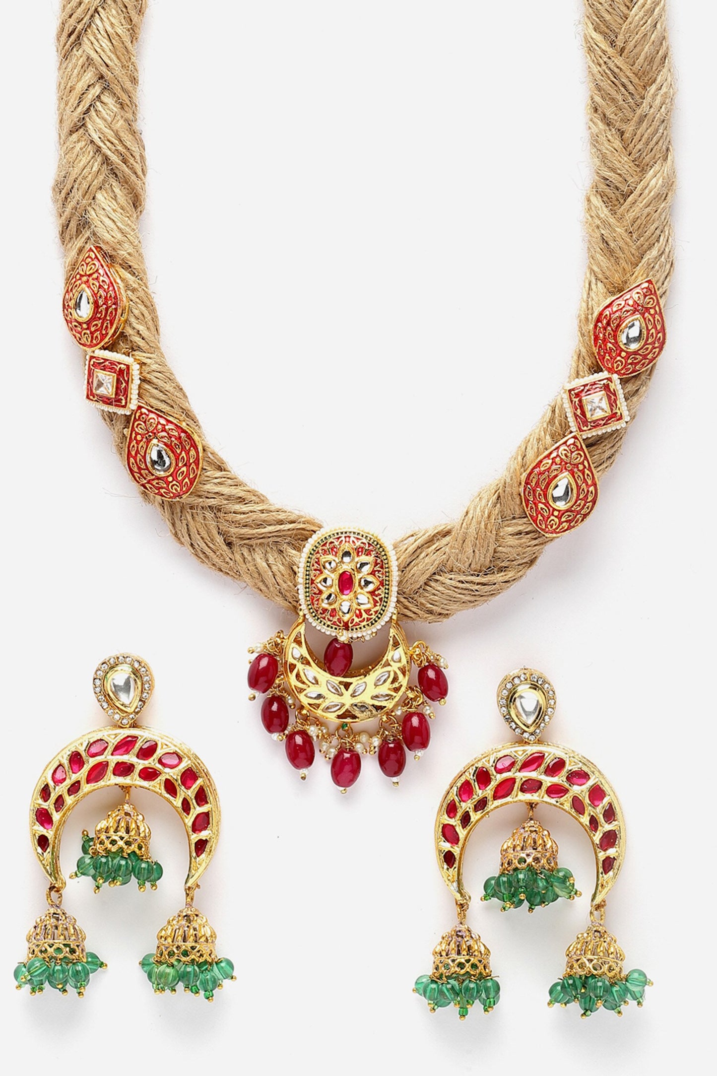 Carved Kundan & Pearl Embellished Necklace Set 