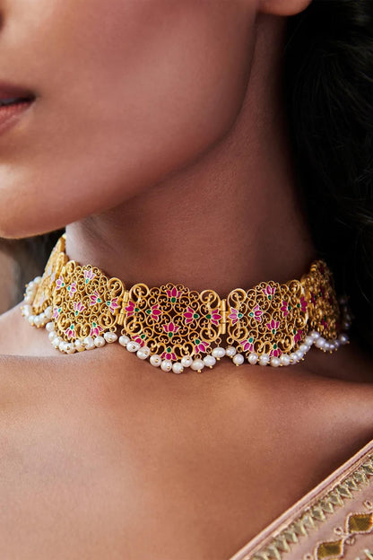 Enamelled Lotus Lace Choker 