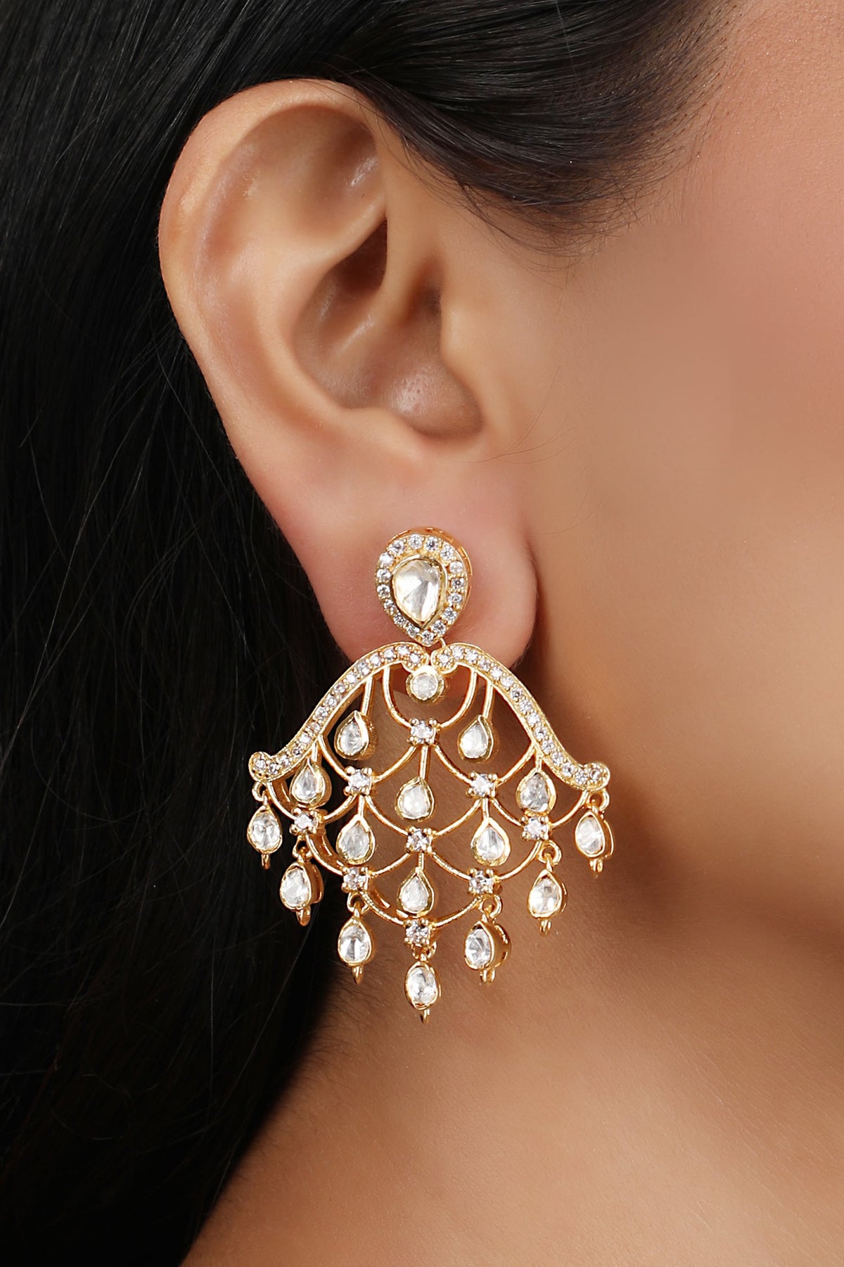 Moissanite Polki Studded Chandelier Earrings 