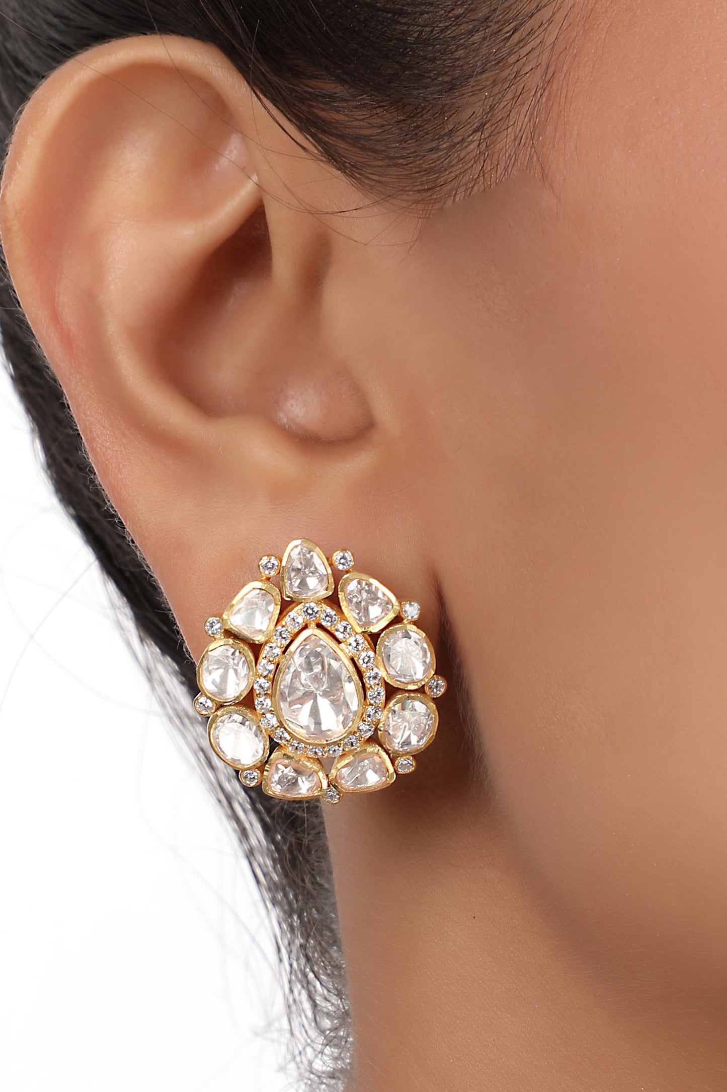 Moissanite Polki Embellished Pear Studs 